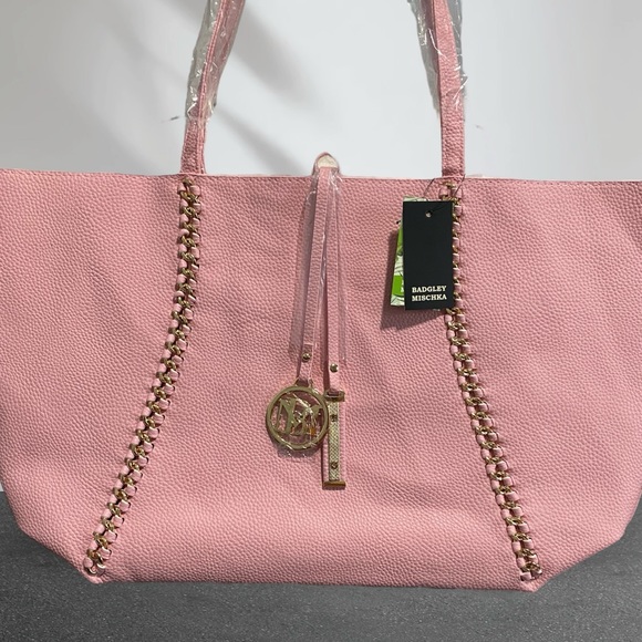 Badgley Mischka Decorative Chain Pebbled Tote Blush NWT - Picture 2 of 6